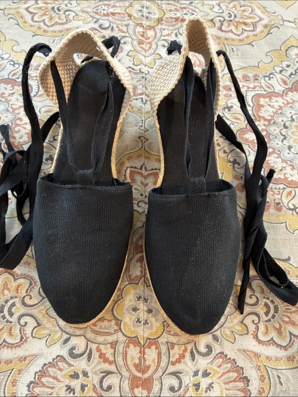 Womens Black Canvas Espadrille Tie-Up Wedge